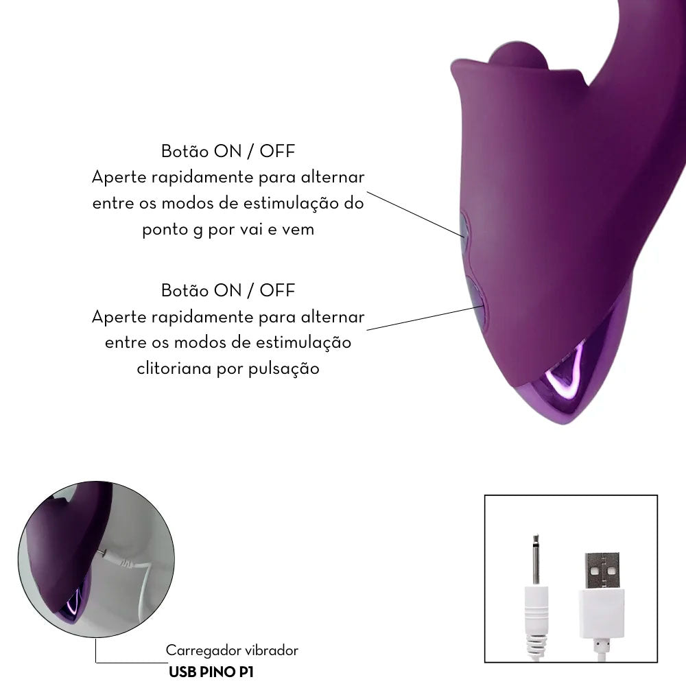 Vibrador Duplo Estimulador de Ponto G e Pulsação de Clitóris - Vinho