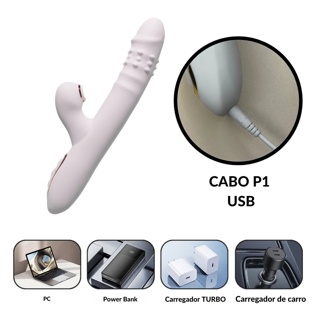 Vibrador rotativo com esferas internas giratórias e estimulador clitoriano