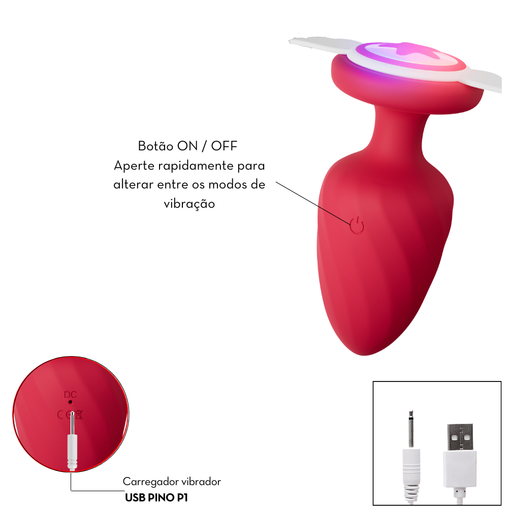 Plug anal vibratório em silicone com led e controle remoto