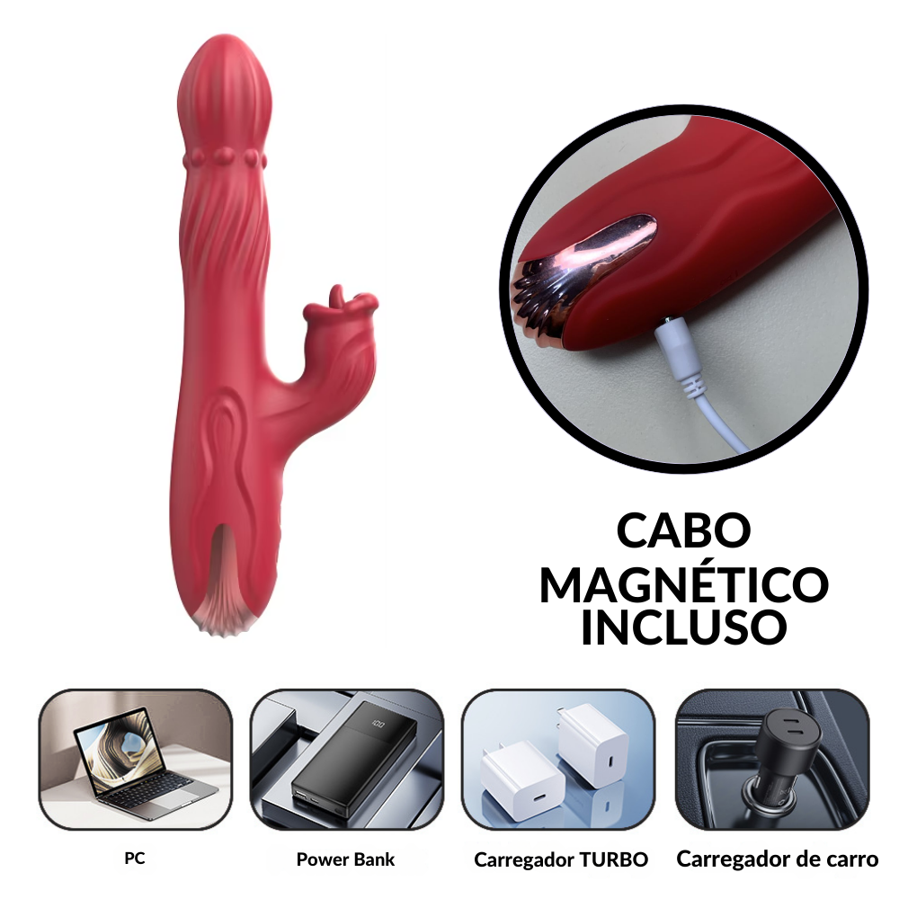 Vibrador com metade superior giratória e estimulador clitoriano