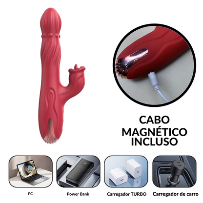 Vibrador com metade superior giratória e estimulador clitoriano