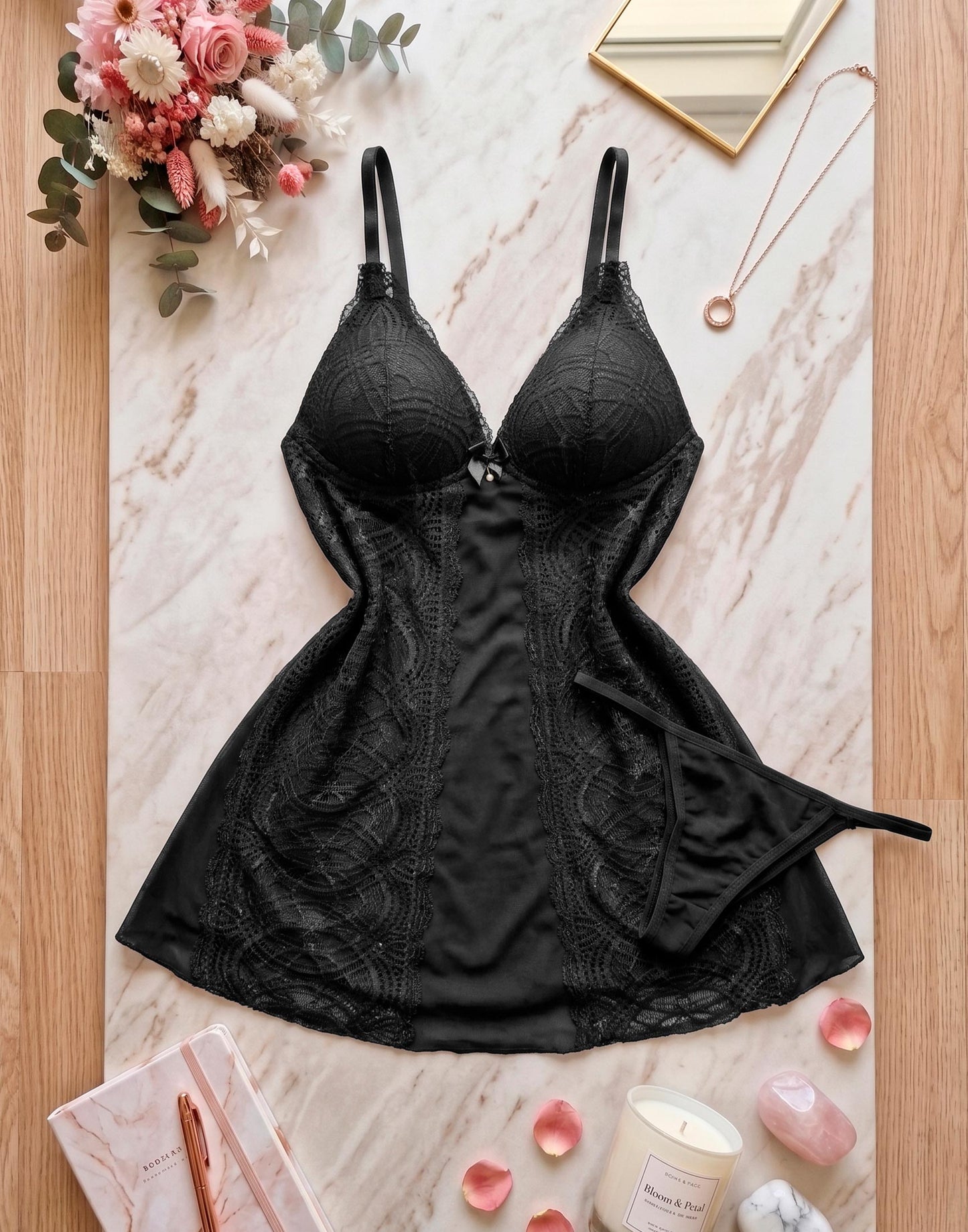 Camisola de Bojo Tule e Renda com Calcinha – Ingrid