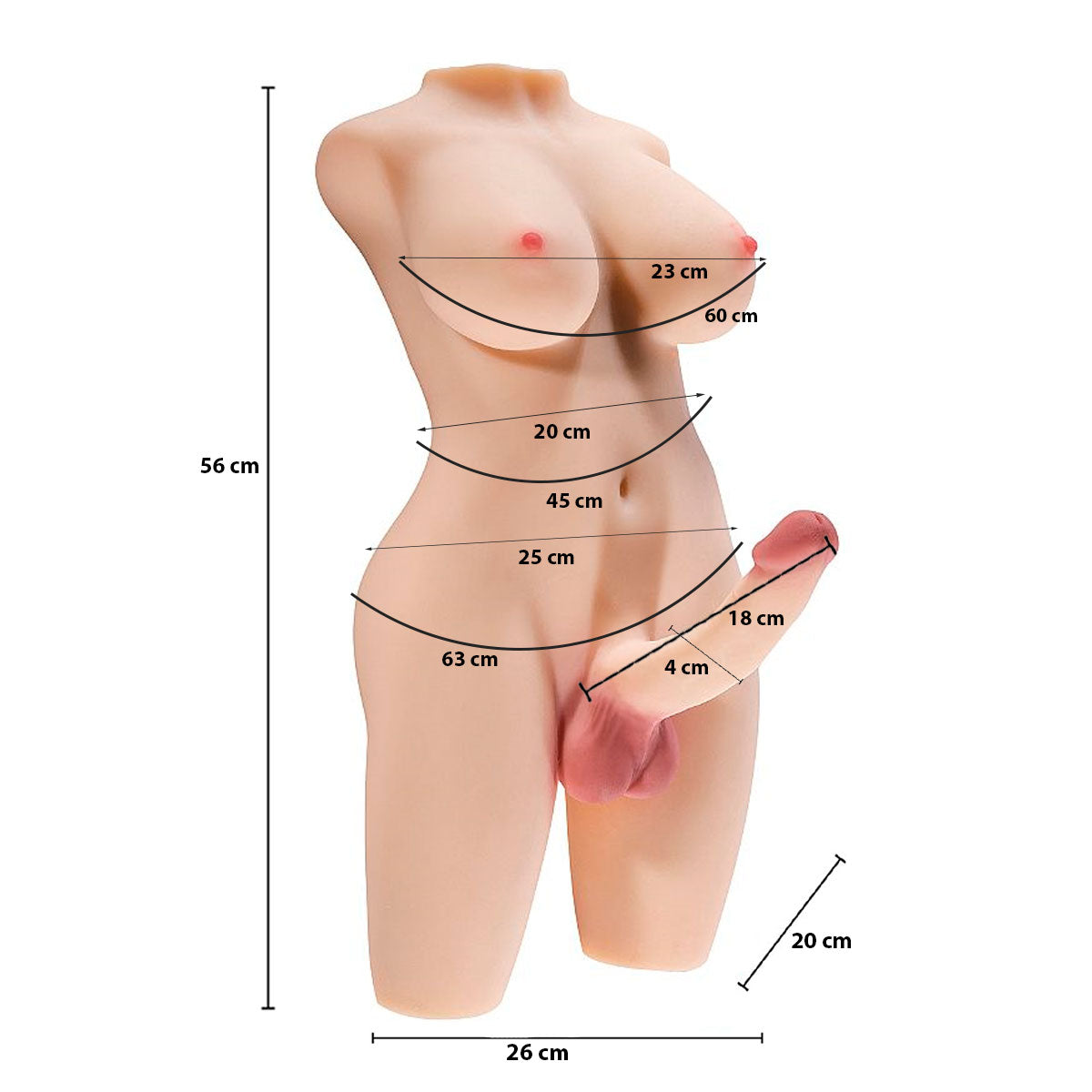 Masturbador Feminino - Meio Corpo em CyberSkin com seios - Pênis com Vértebra
