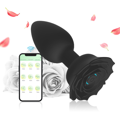 Plug Anal em Formato de Flor Controlado por Aplicativo Toque Aveludado - Preto
