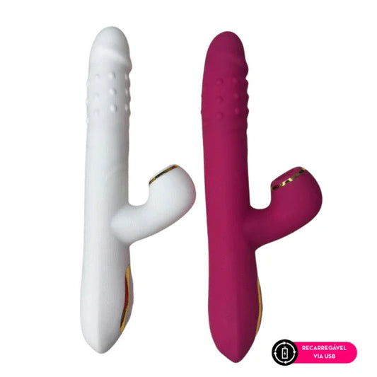 Vibrador rotativo com esferas internas giratórias e estimulador clitoriano
