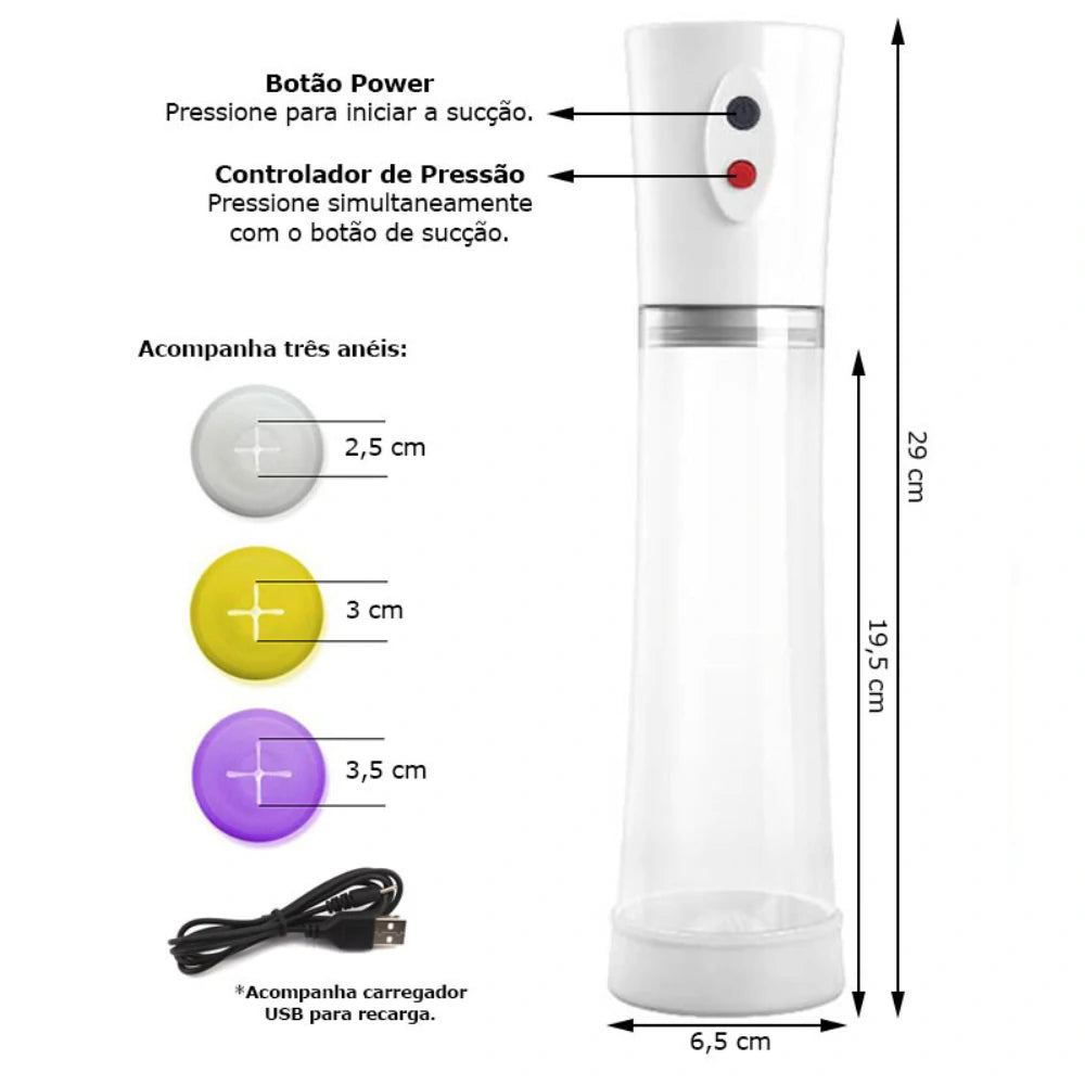 Bomba Peniana Elétrica Recarregável Penis Pump High-Vacuum com 3 Anéis Penianos