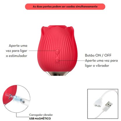 Estimulador clitoriano duplo com Tecnologia de Vibroar em formato de flor e capsula vai e vem ponto