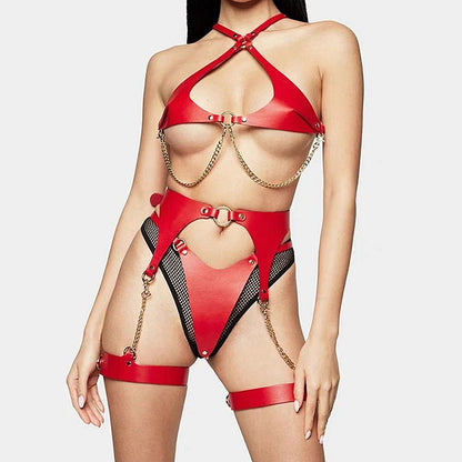 onjunto Harness com Top, Calcinha e Cinta Liga em Couro e Correntes