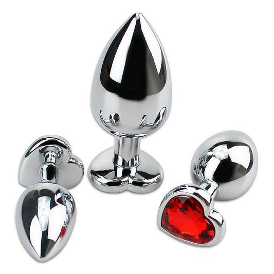Butt Plug Heart Crystal Red - Metal prata com Pedra Sortida em Forma de Coração 7 cm x 2,4 cm