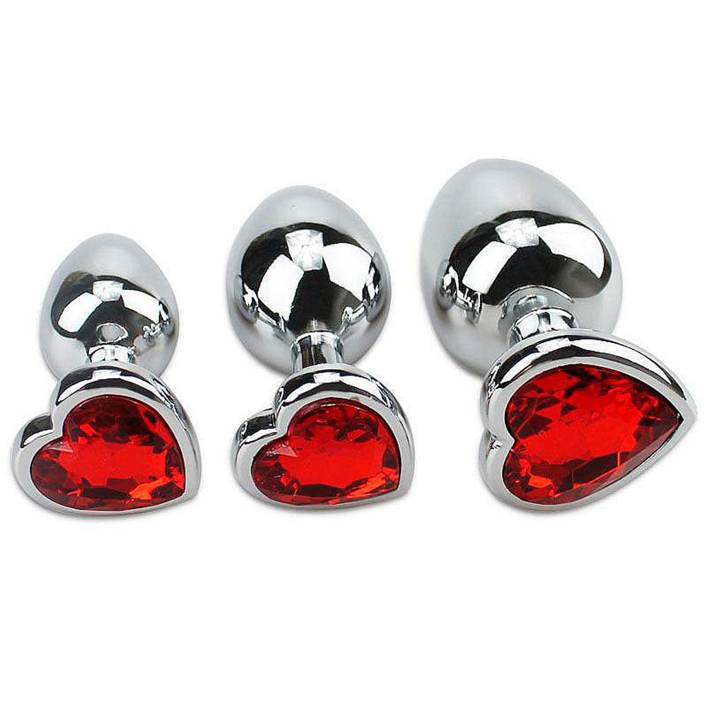 Butt Plug Heart Crystal Red - Metal prata com Pedra Sortida em Forma de Coração 7 cm x 2,4 cm